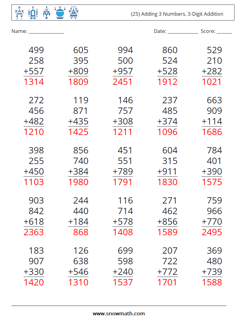 (25) Adding 3 Numbers, 3-Digit Addition Maths Worksheets 4 Question, Answer