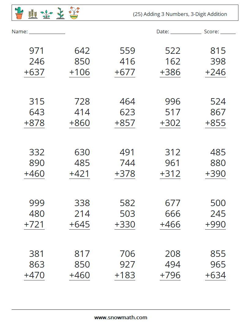 (25) Adding 3 Numbers, 3-Digit Addition Maths Worksheets 5