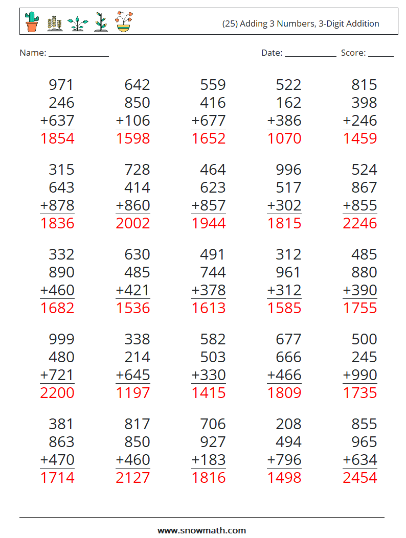 (25) Adding 3 Numbers, 3-Digit Addition Maths Worksheets 5 Question, Answer