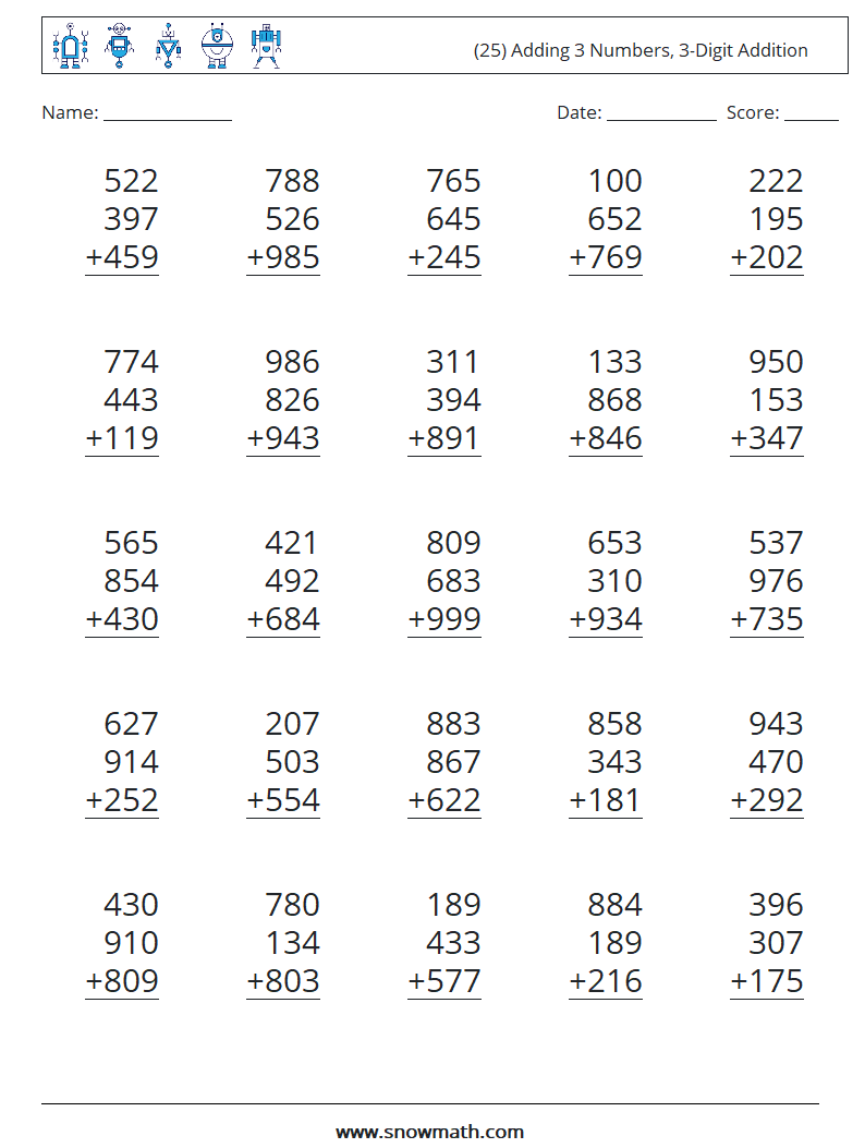 (25) Adding 3 Numbers, 3-Digit Addition Maths Worksheets 6