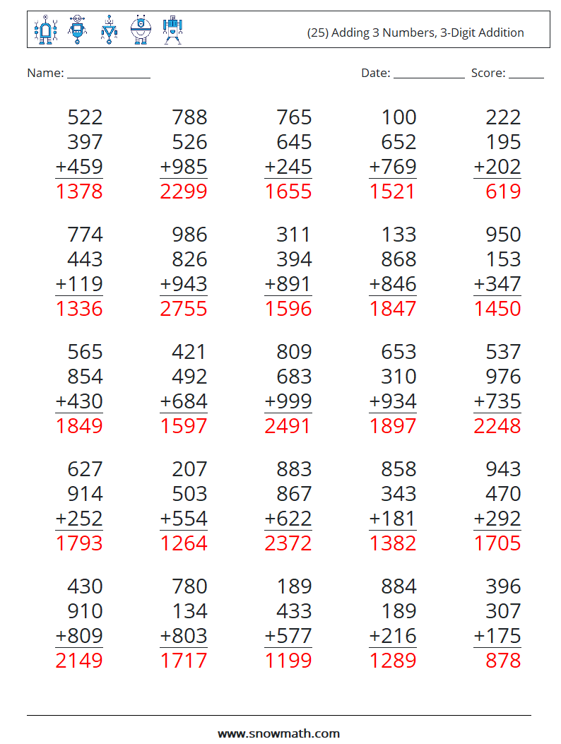 (25) Adding 3 Numbers, 3-Digit Addition Maths Worksheets 6 Question, Answer