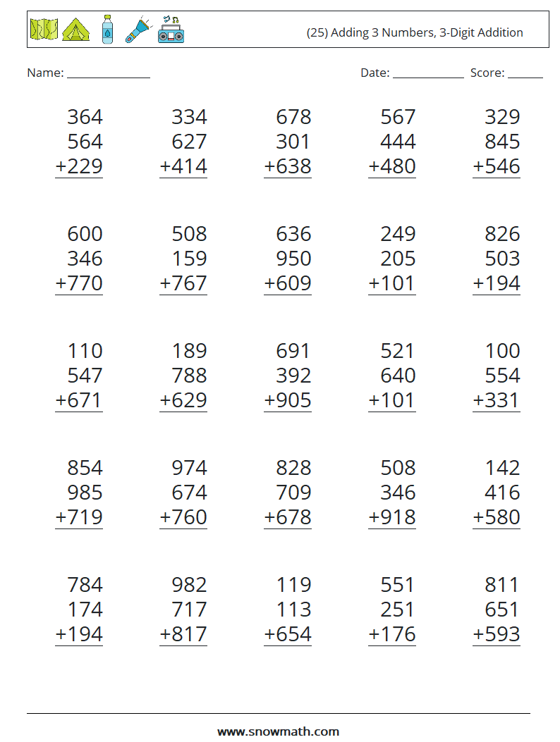 (25) Adding 3 Numbers, 3-Digit Addition Maths Worksheets 7