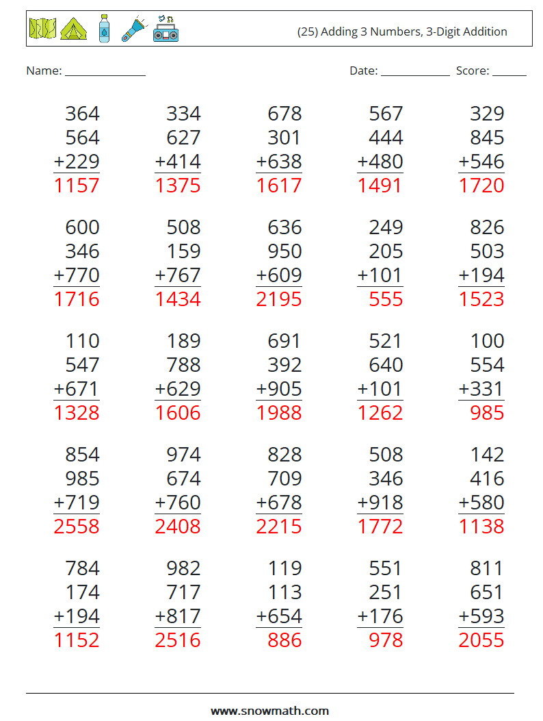 (25) Adding 3 Numbers, 3-Digit Addition Maths Worksheets 7 Question, Answer