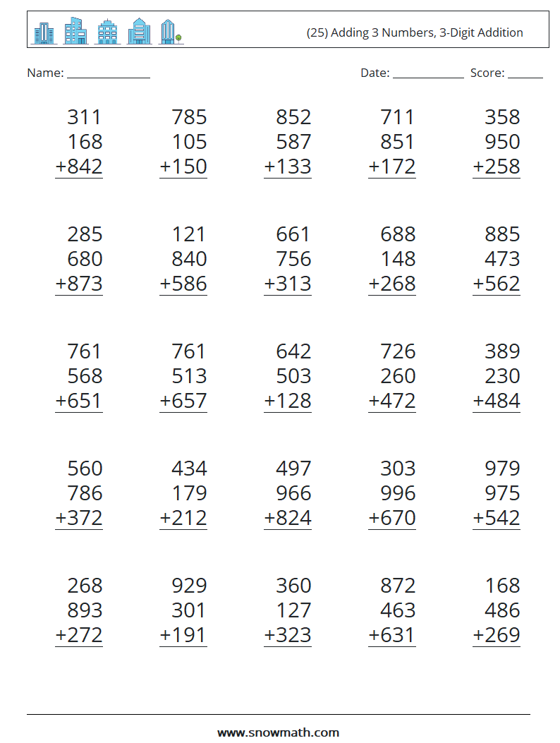 (25) Adding 3 Numbers, 3-Digit Addition Maths Worksheets 8