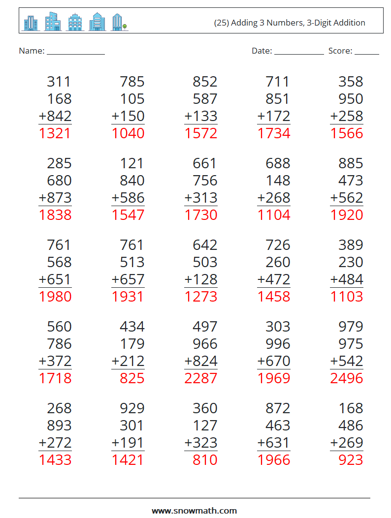 (25) Adding 3 Numbers, 3-Digit Addition Maths Worksheets 8 Question, Answer