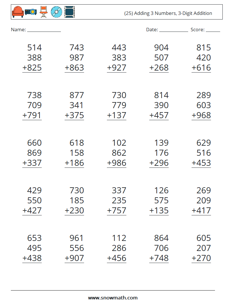 (25) Adding 3 Numbers, 3-Digit Addition Maths Worksheets 9