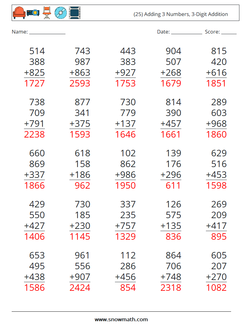 (25) Adding 3 Numbers, 3-Digit Addition Maths Worksheets 9 Question, Answer