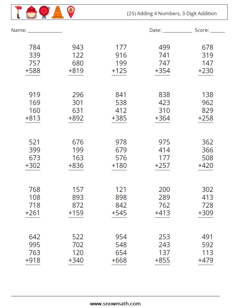 (25) Adding 4 Numbers, 3-Digit Addition Maths Worksheets 1