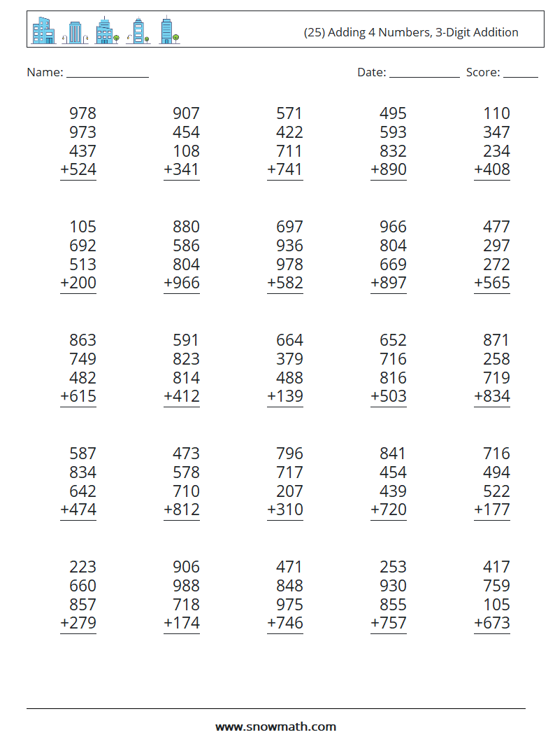 (25) Adding 4 Numbers, 3-Digit Addition Maths Worksheets 10