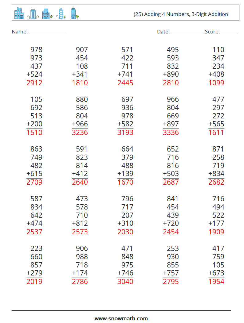 (25) Adding 4 Numbers, 3-Digit Addition Maths Worksheets 10 Question, Answer