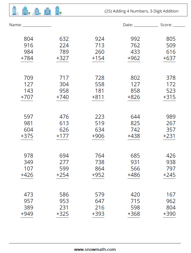 (25) Adding 4 Numbers, 3-Digit Addition Maths Worksheets 11