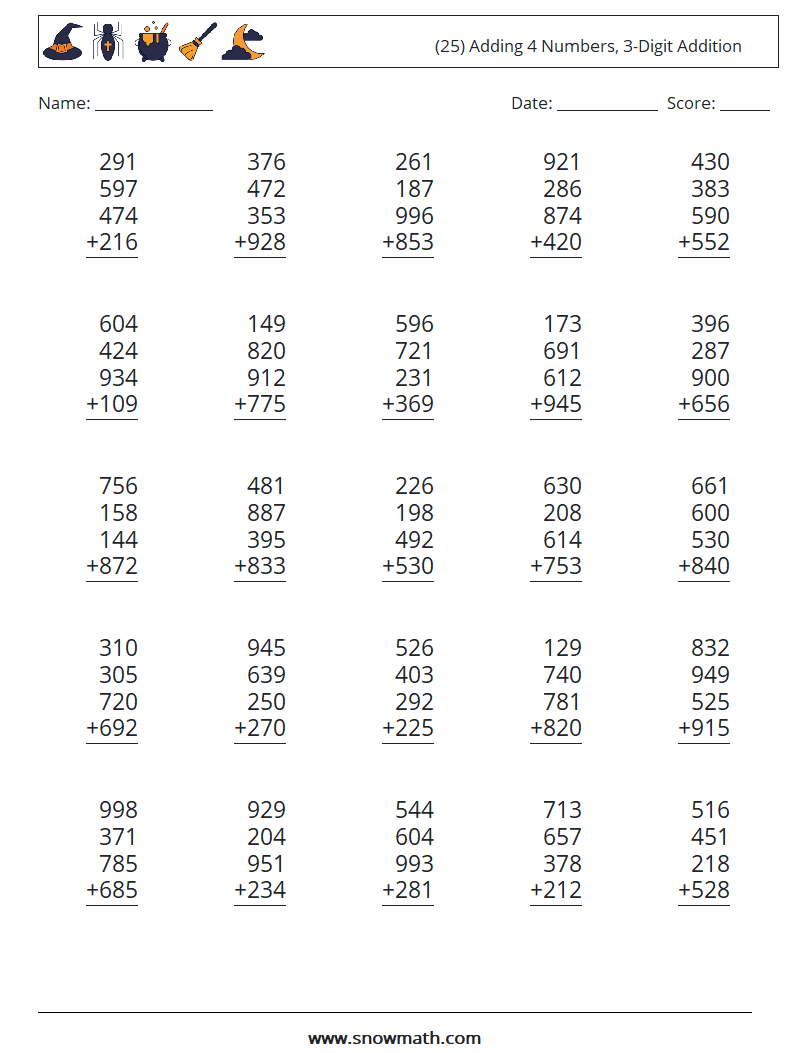 (25) Adding 4 Numbers, 3-Digit Addition Maths Worksheets 12