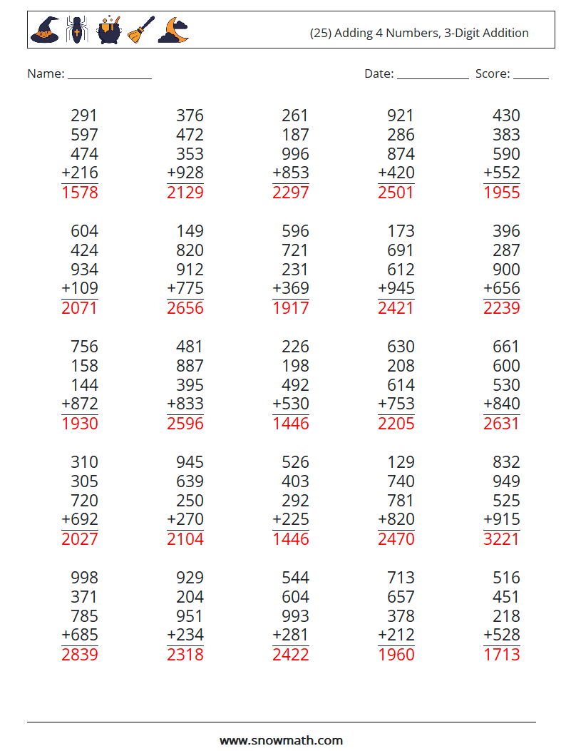 (25) Adding 4 Numbers, 3-Digit Addition Maths Worksheets 12 Question, Answer