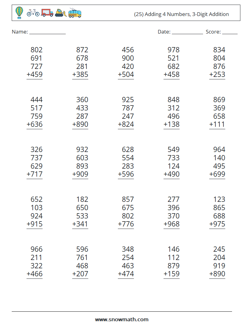 (25) Adding 4 Numbers, 3-Digit Addition Maths Worksheets 13