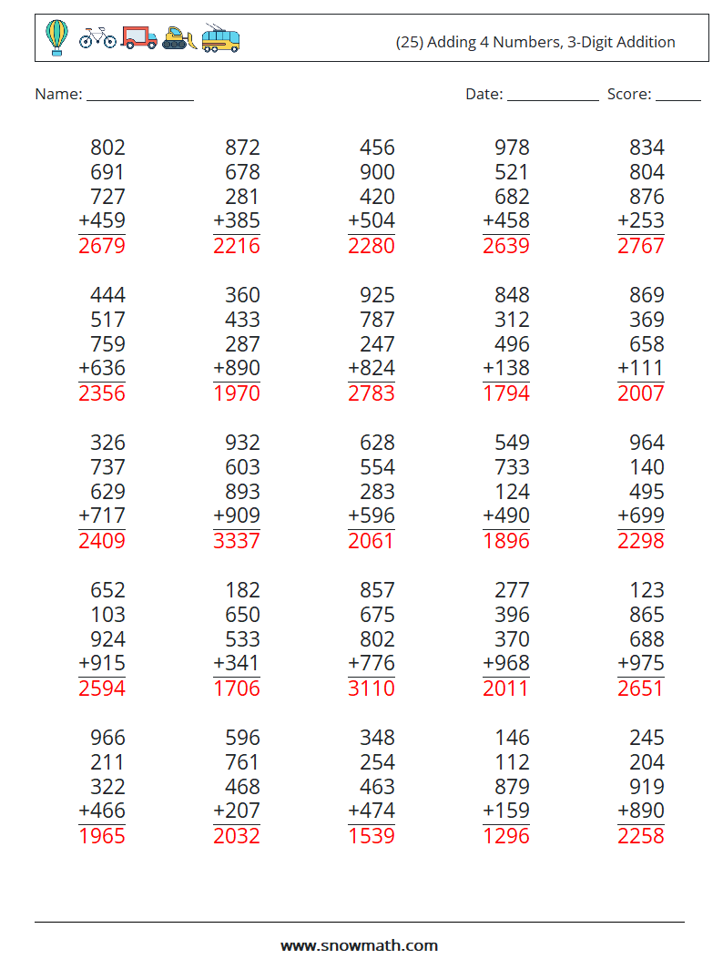 (25) Adding 4 Numbers, 3-Digit Addition Maths Worksheets 13 Question, Answer