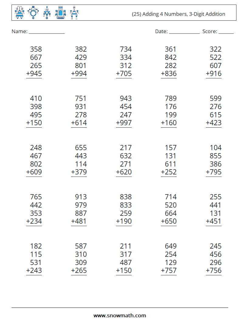 (25) Adding 4 Numbers, 3-Digit Addition Maths Worksheets 14