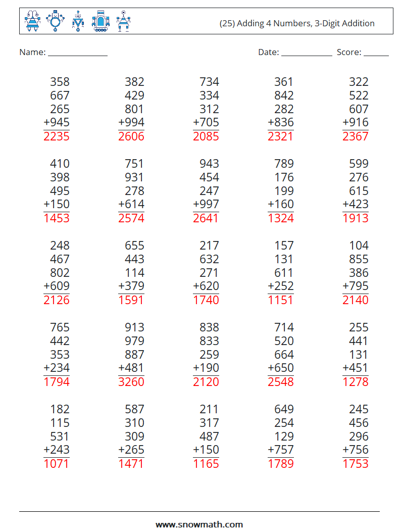 (25) Adding 4 Numbers, 3-Digit Addition Maths Worksheets 14 Question, Answer