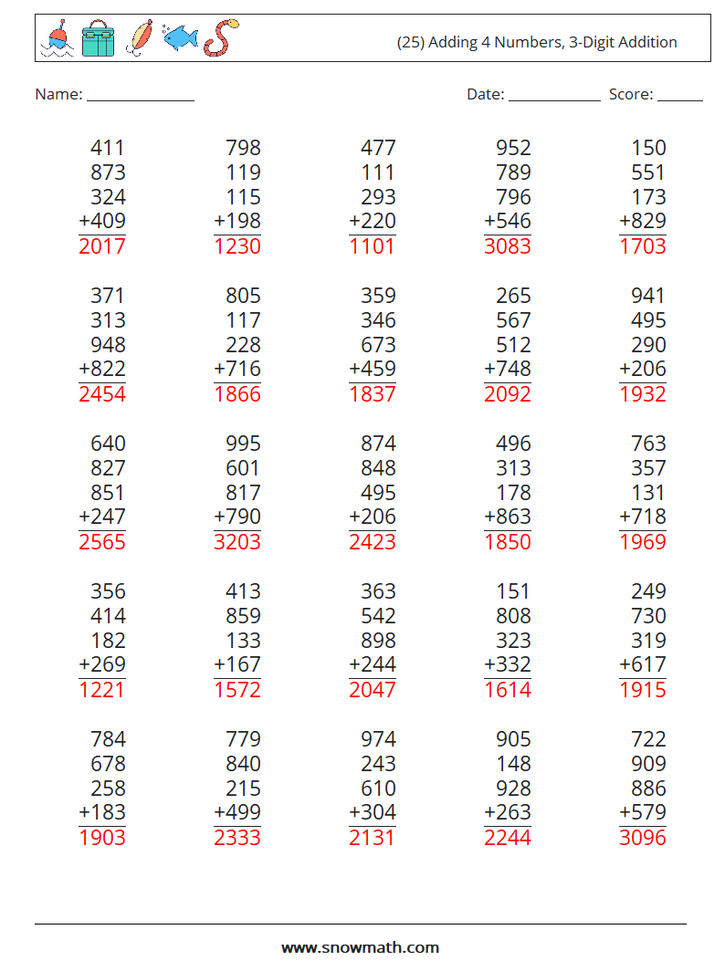 (25) Adding 4 Numbers, 3-Digit Addition Maths Worksheets 15 Question, Answer