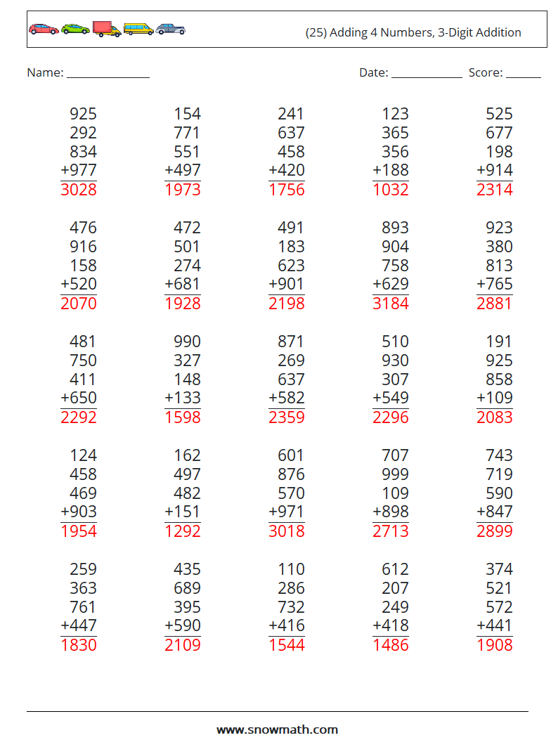 (25) Adding 4 Numbers, 3-Digit Addition Maths Worksheets 16 Question, Answer