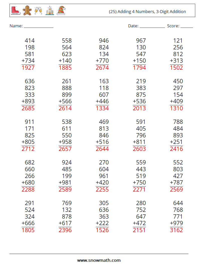 (25) Adding 4 Numbers, 3-Digit Addition Maths Worksheets 17 Question, Answer