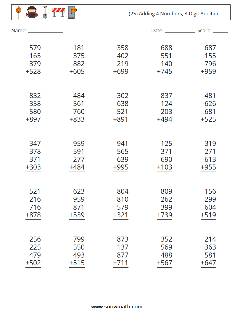 (25) Adding 4 Numbers, 3-Digit Addition Maths Worksheets 18