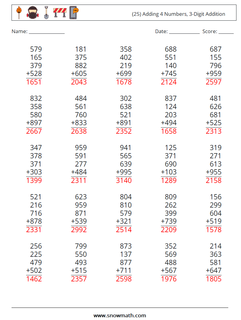 (25) Adding 4 Numbers, 3-Digit Addition Maths Worksheets 18 Question, Answer