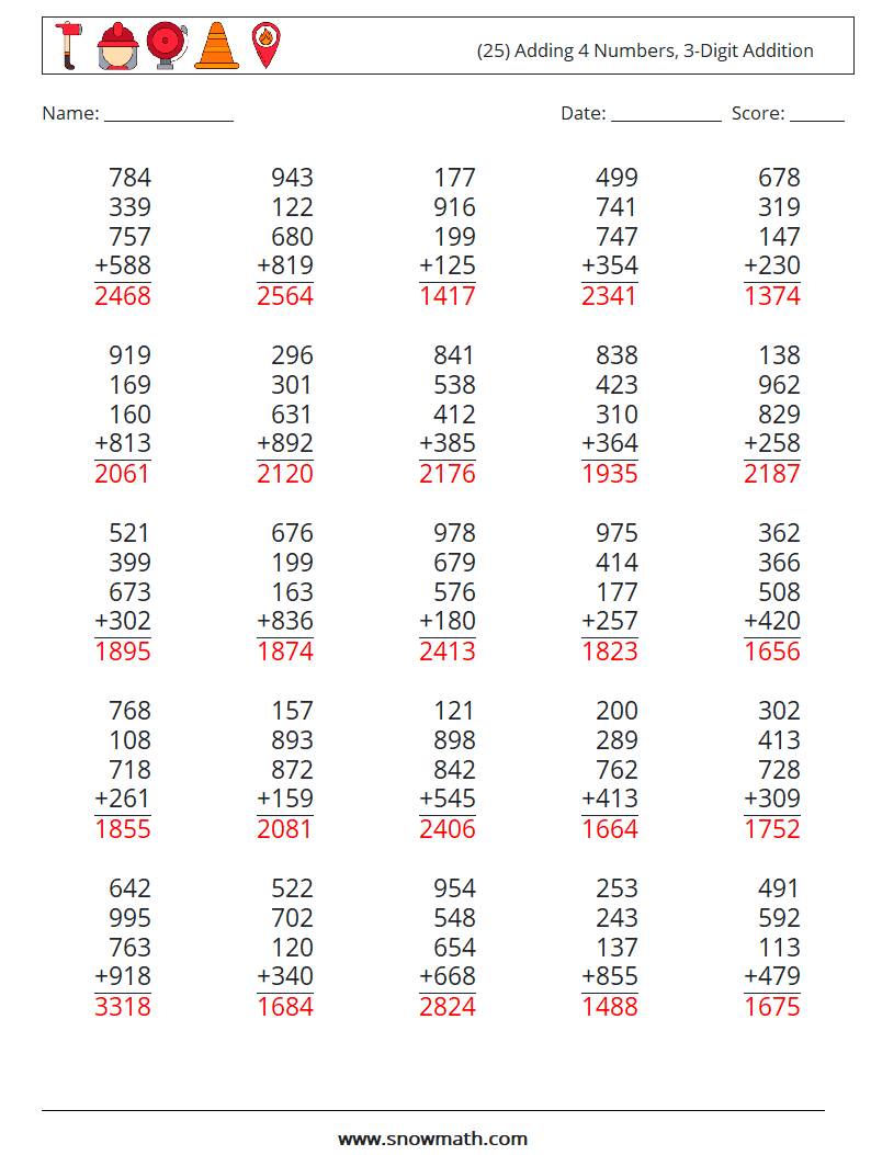 (25) Adding 4 Numbers, 3-Digit Addition Maths Worksheets 1 Question, Answer