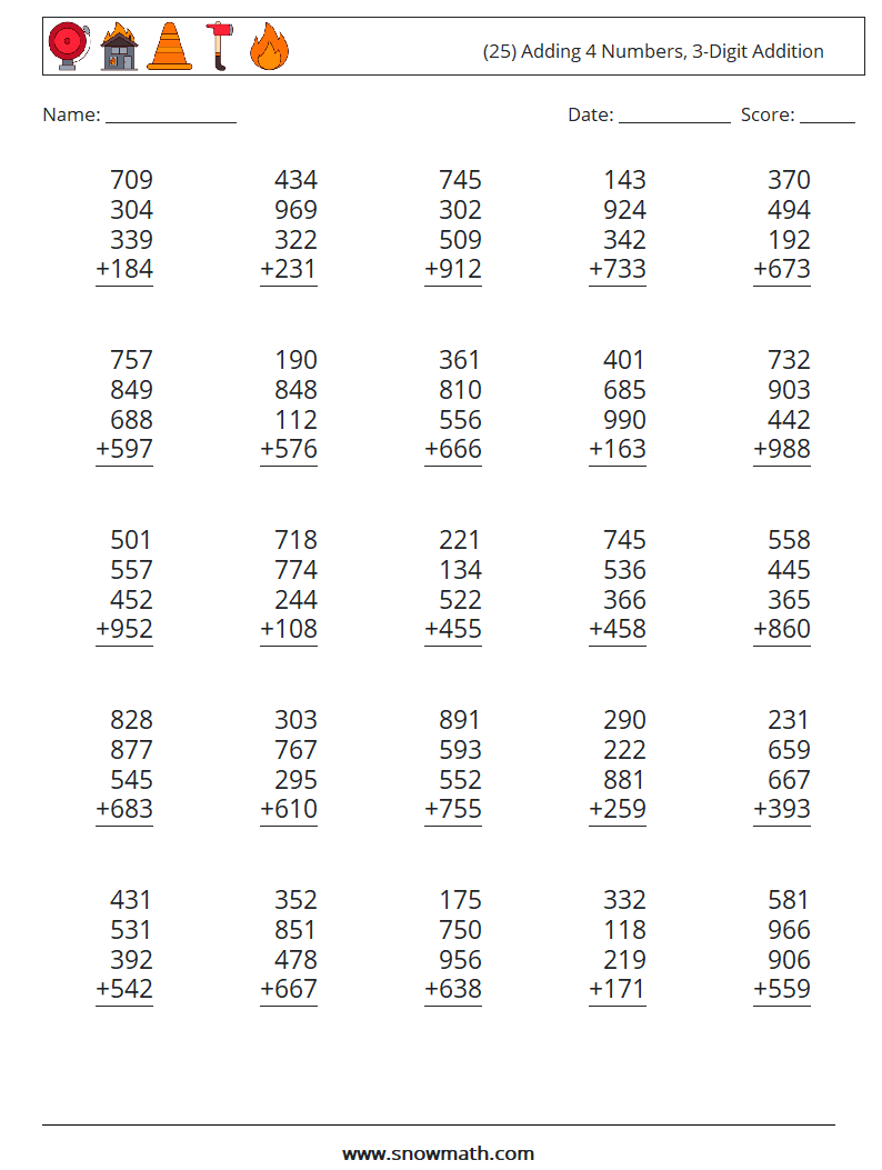 (25) Adding 4 Numbers, 3-Digit Addition Maths Worksheets 2