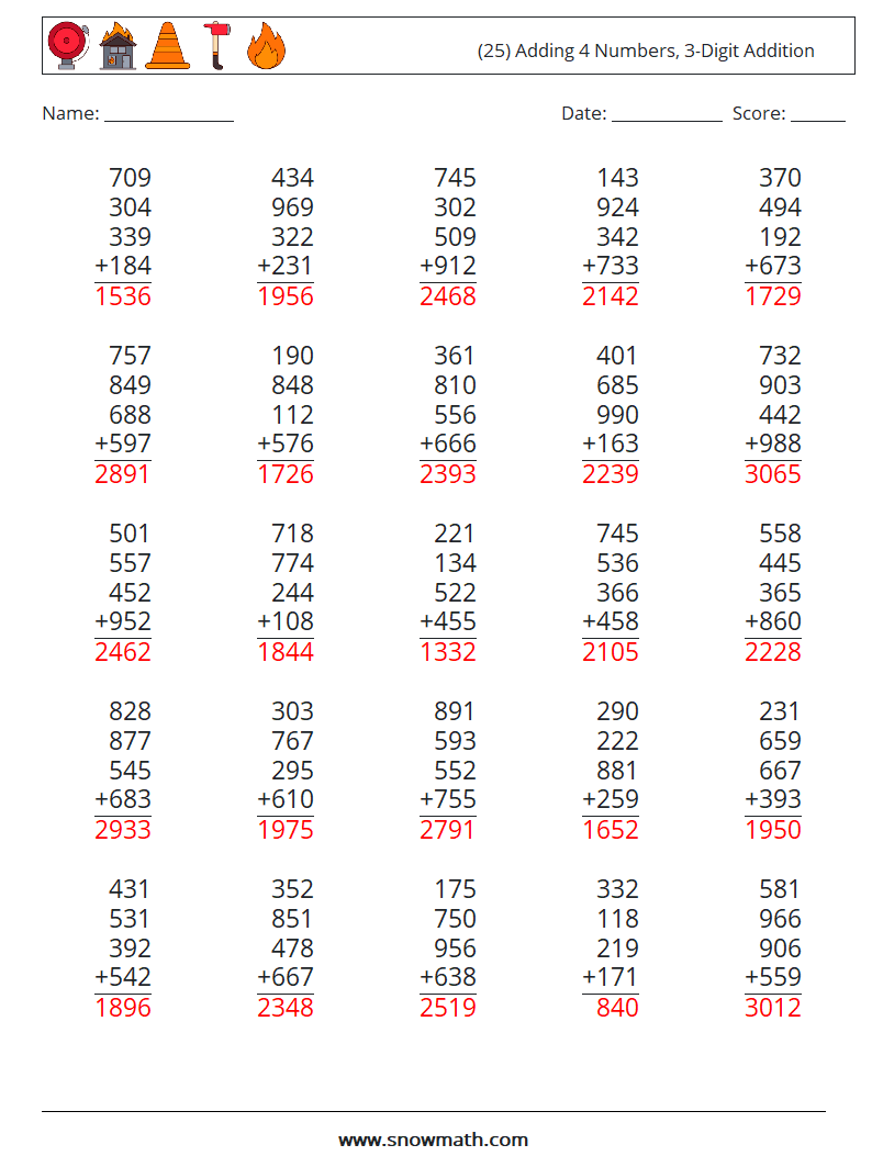 (25) Adding 4 Numbers, 3-Digit Addition Maths Worksheets 2 Question, Answer