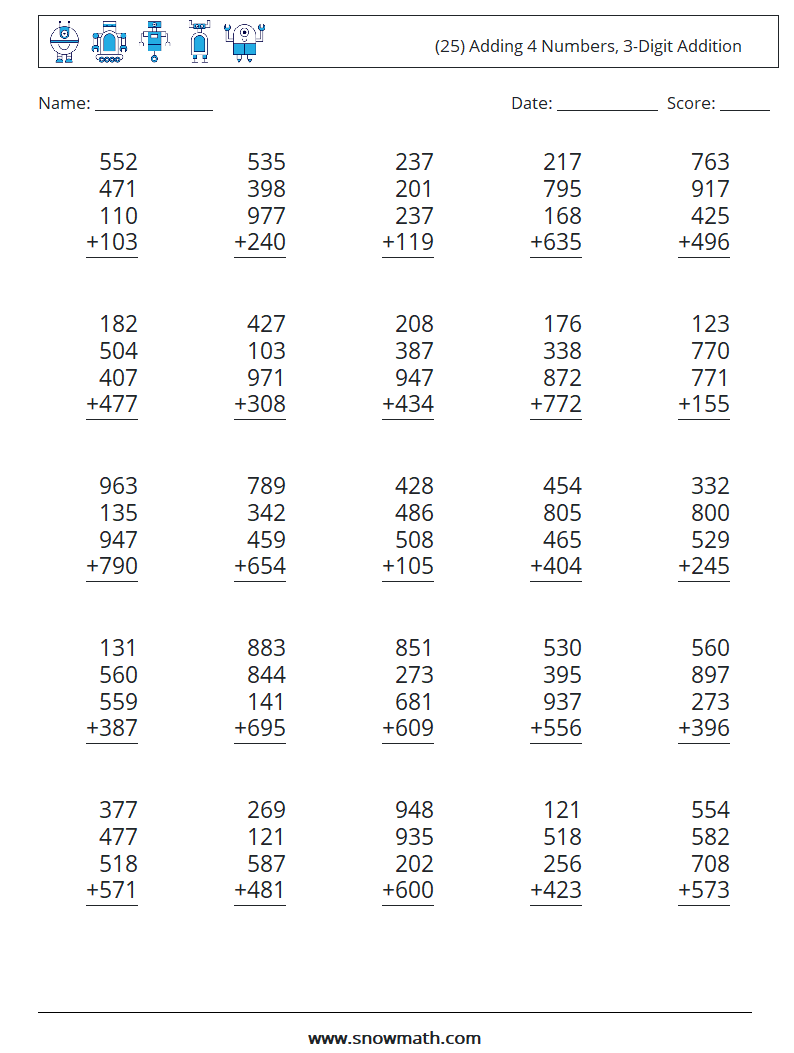 (25) Adding 4 Numbers, 3-Digit Addition Maths Worksheets 3