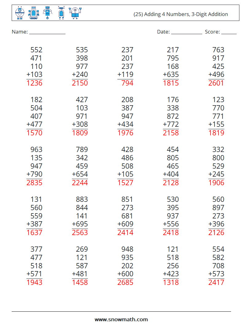 (25) Adding 4 Numbers, 3-Digit Addition Maths Worksheets 3 Question, Answer