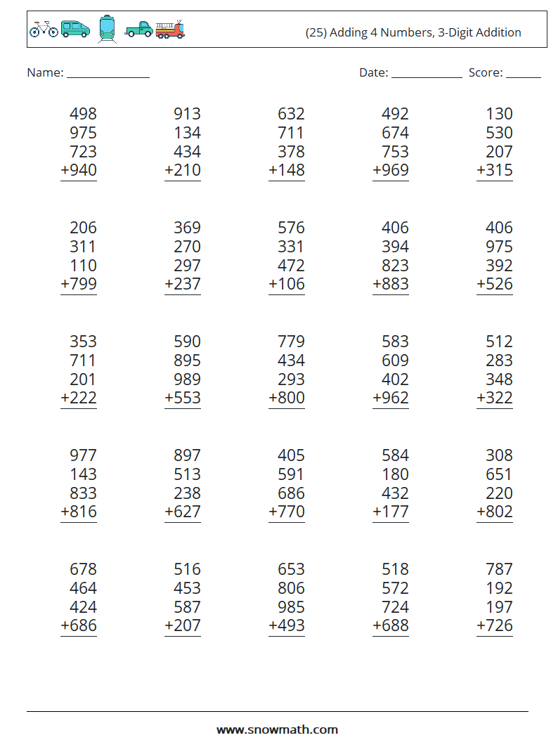 (25) Adding 4 Numbers, 3-Digit Addition Maths Worksheets 4