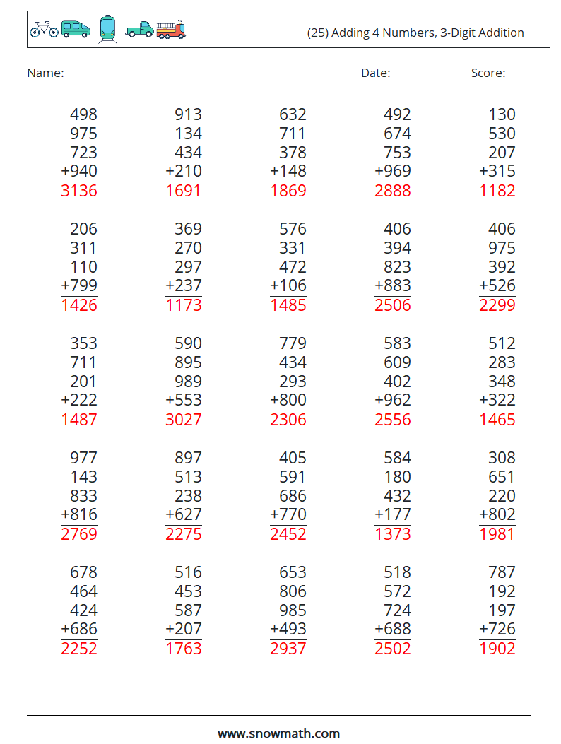 (25) Adding 4 Numbers, 3-Digit Addition Maths Worksheets 4 Question, Answer