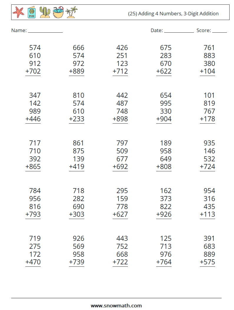 (25) Adding 4 Numbers, 3-Digit Addition Maths Worksheets 5