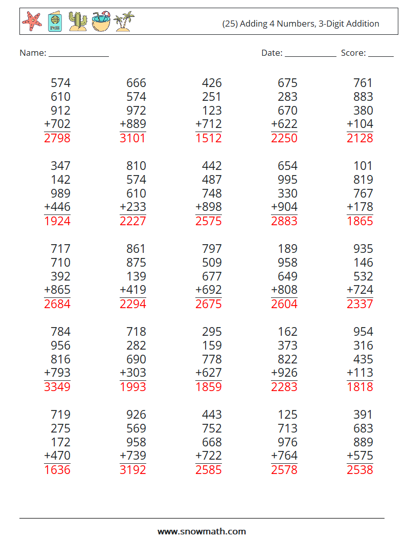 (25) Adding 4 Numbers, 3-Digit Addition Maths Worksheets 5 Question, Answer