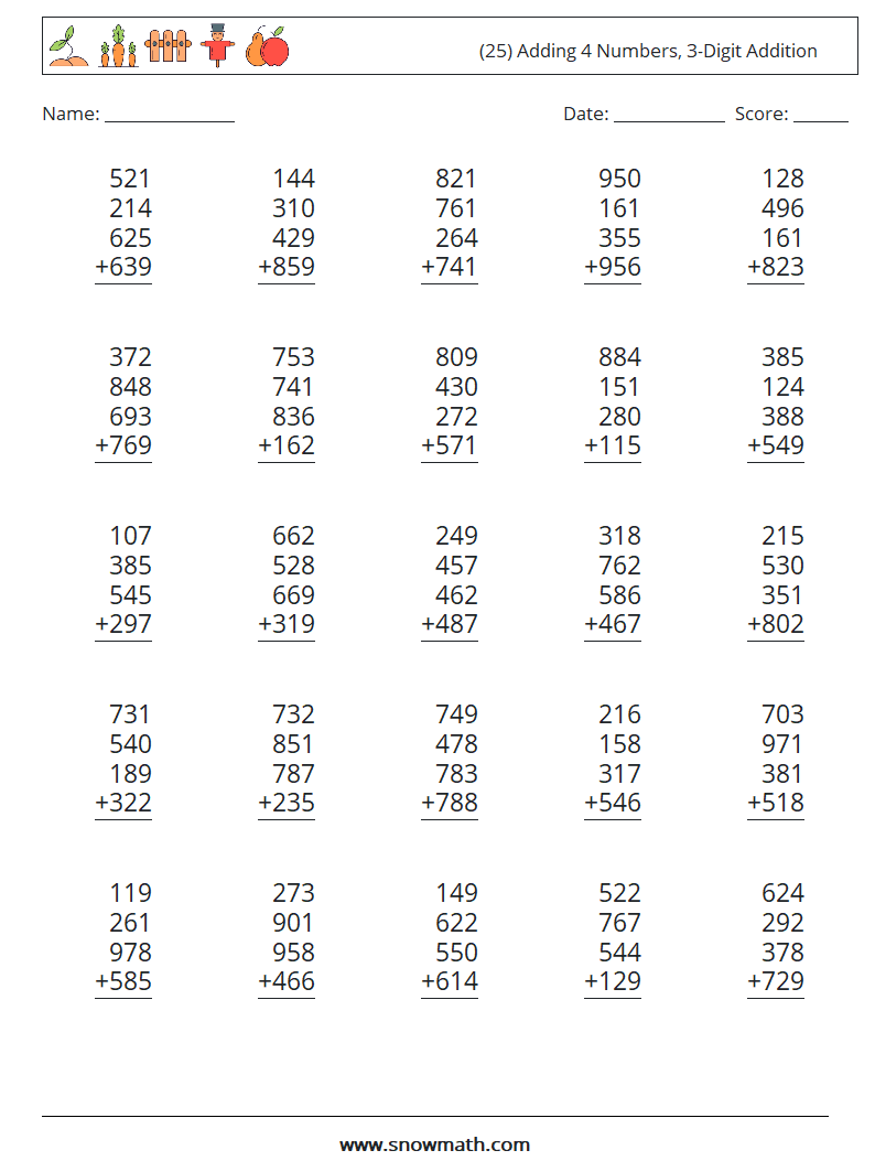 (25) Adding 4 Numbers, 3-Digit Addition Maths Worksheets 6