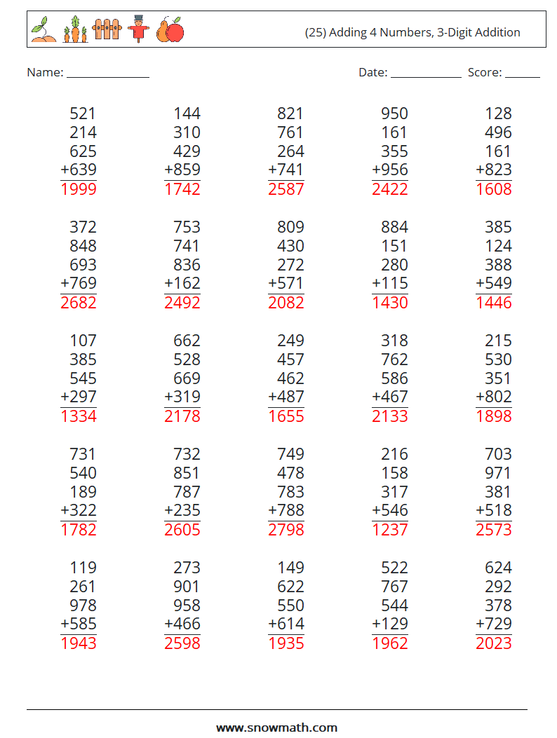 (25) Adding 4 Numbers, 3-Digit Addition Maths Worksheets 6 Question, Answer