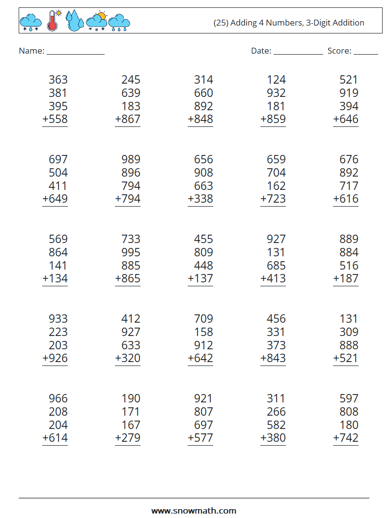 (25) Adding 4 Numbers, 3-Digit Addition Maths Worksheets 7