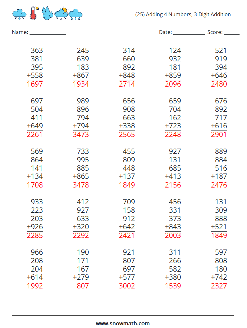 (25) Adding 4 Numbers, 3-Digit Addition Maths Worksheets 7 Question, Answer