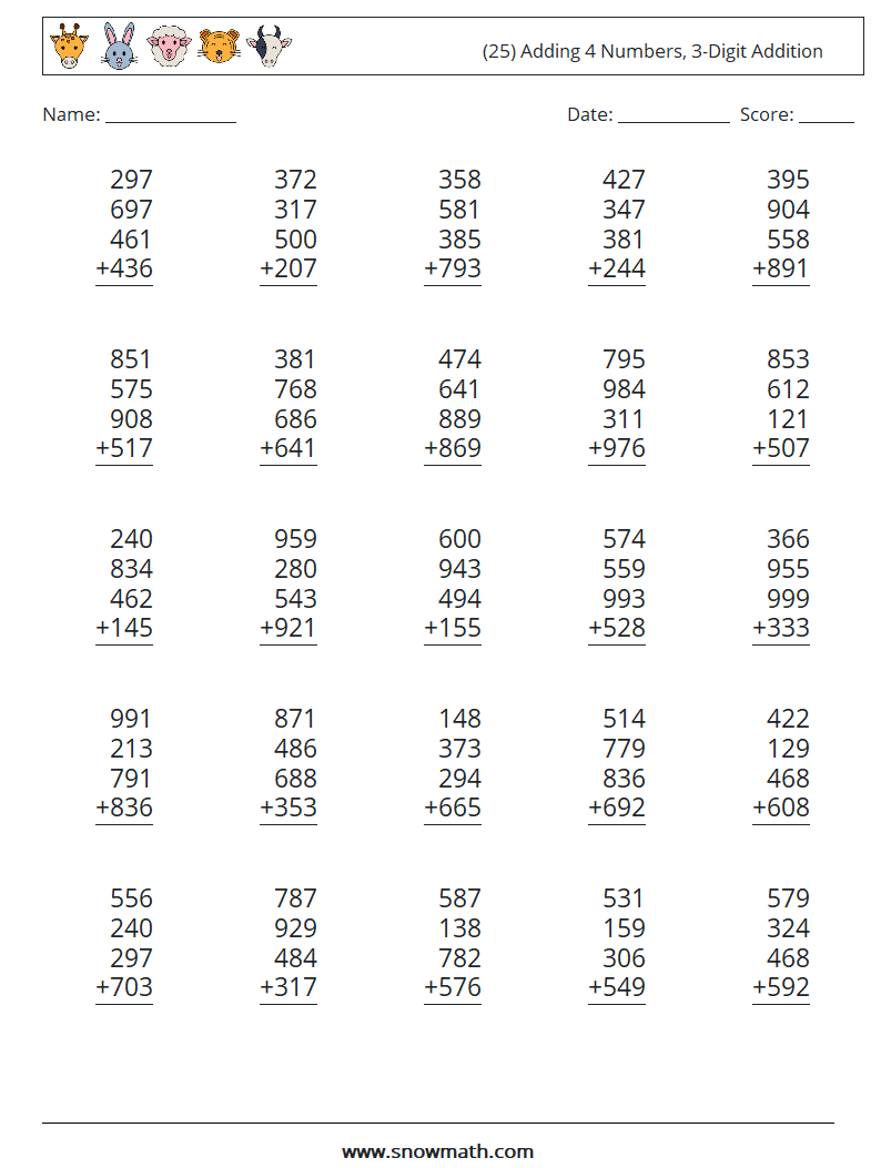 (25) Adding 4 Numbers, 3-Digit Addition Maths Worksheets 8