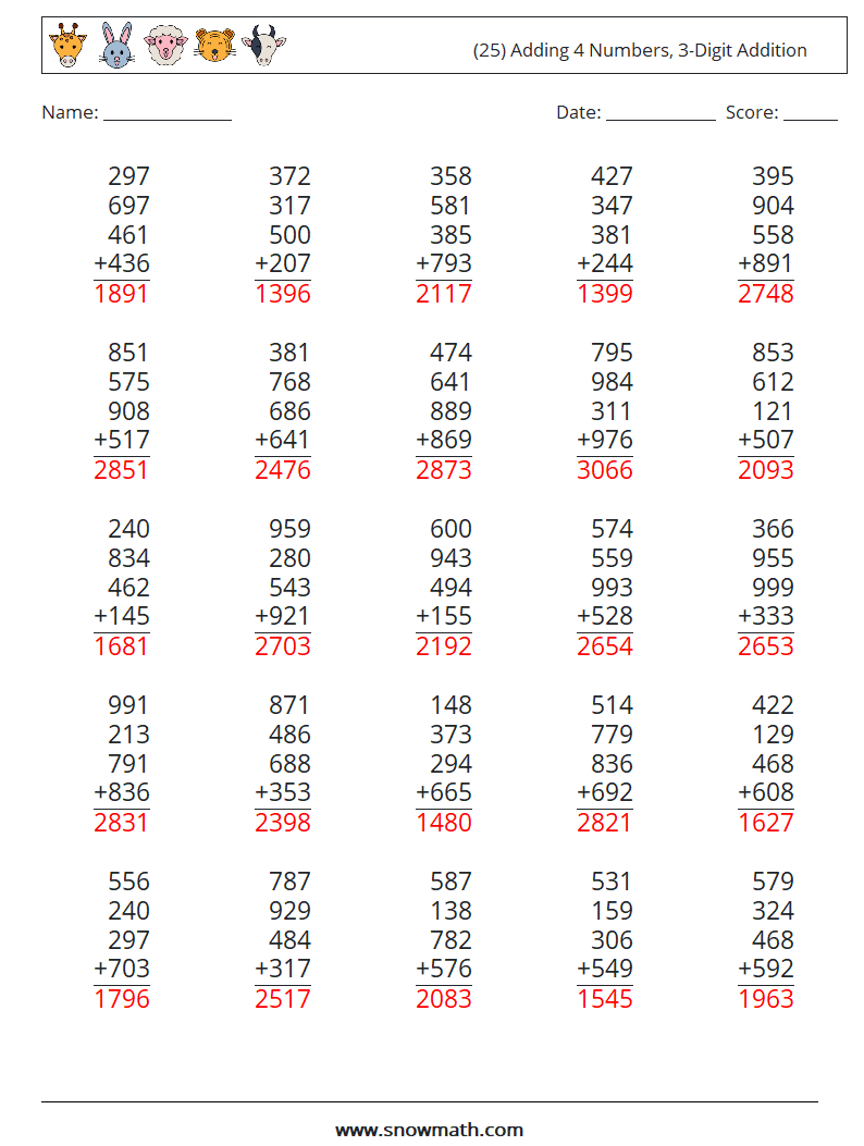 (25) Adding 4 Numbers, 3-Digit Addition Maths Worksheets 8 Question, Answer