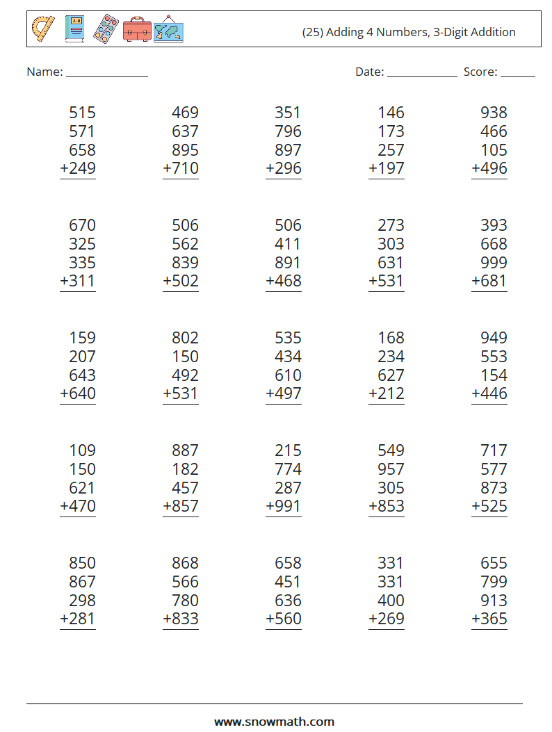 (25) Adding 4 Numbers, 3-Digit Addition Maths Worksheets 9