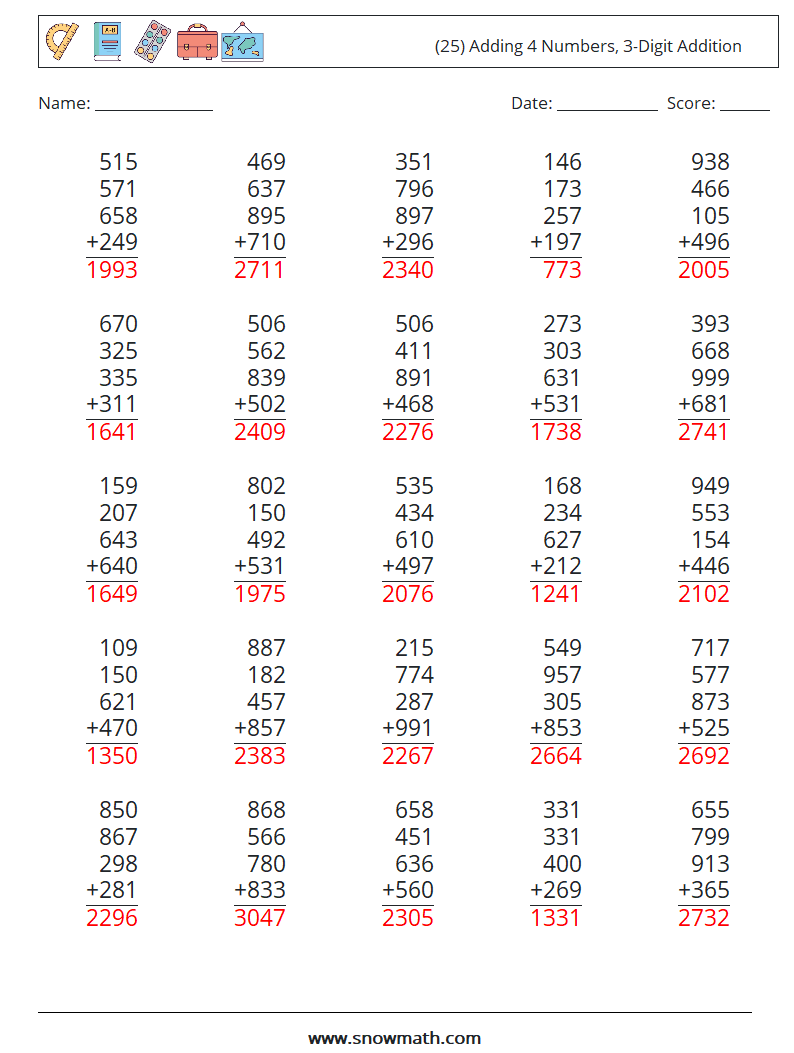 (25) Adding 4 Numbers, 3-Digit Addition Maths Worksheets 9 Question, Answer