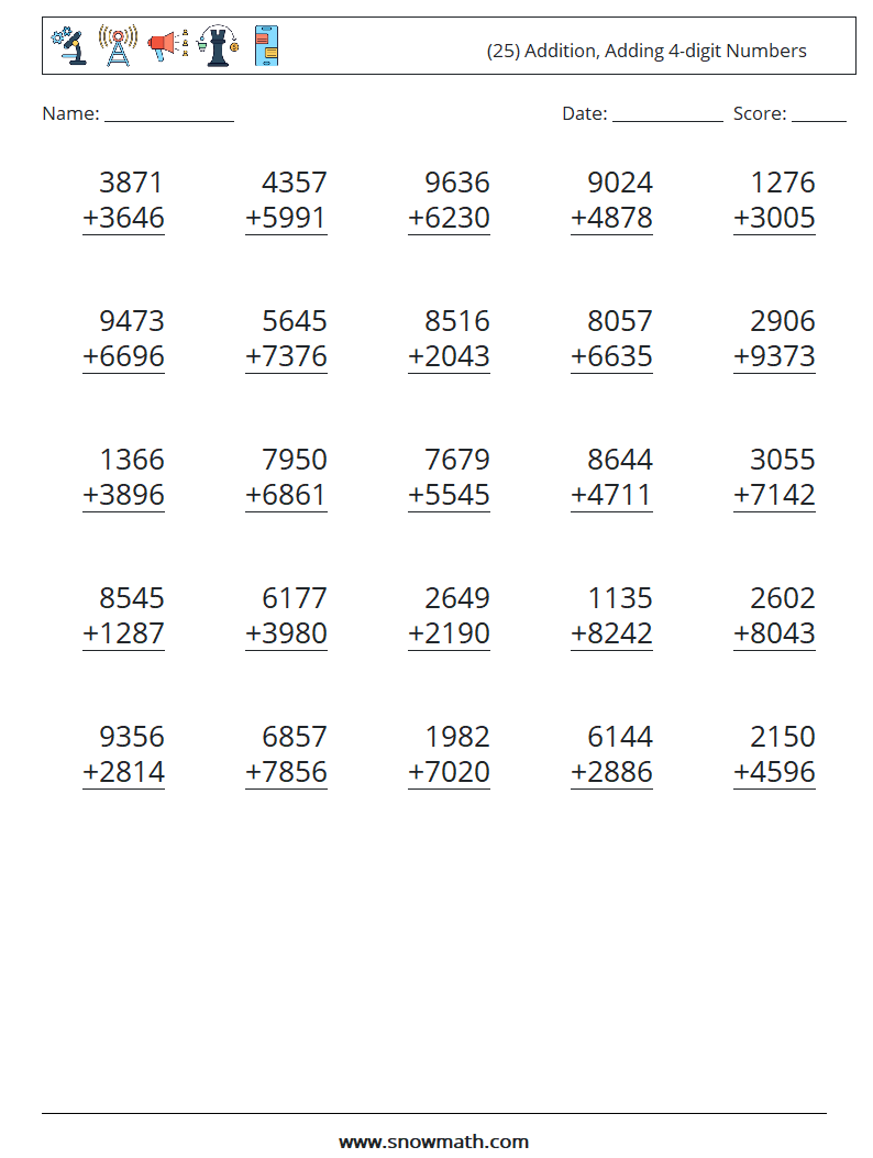 (25) Addition, Adding 4-digit Numbers Maths Worksheets 15