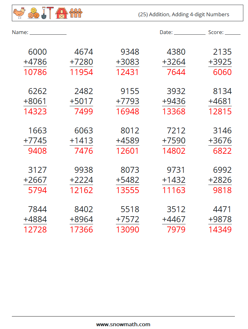 (25) Addition, Adding 4-digit Numbers Maths Worksheets 1 Question, Answer