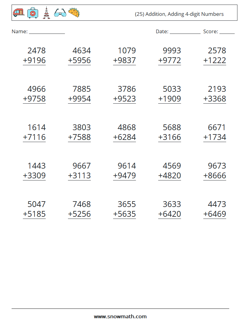 (25) Addition, Adding 4-digit Numbers Maths Worksheets 2