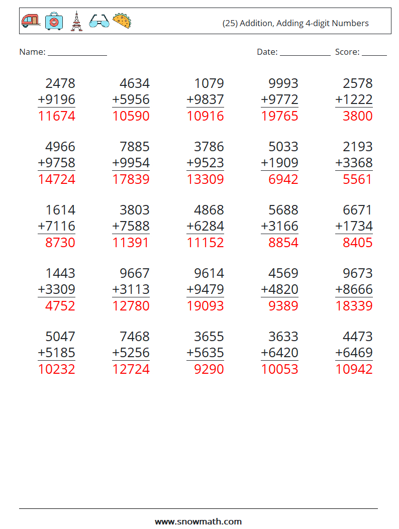 (25) Addition, Adding 4-digit Numbers Maths Worksheets 2 Question, Answer
