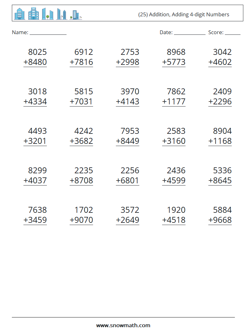 (25) Addition, Adding 4-digit Numbers Maths Worksheets 3