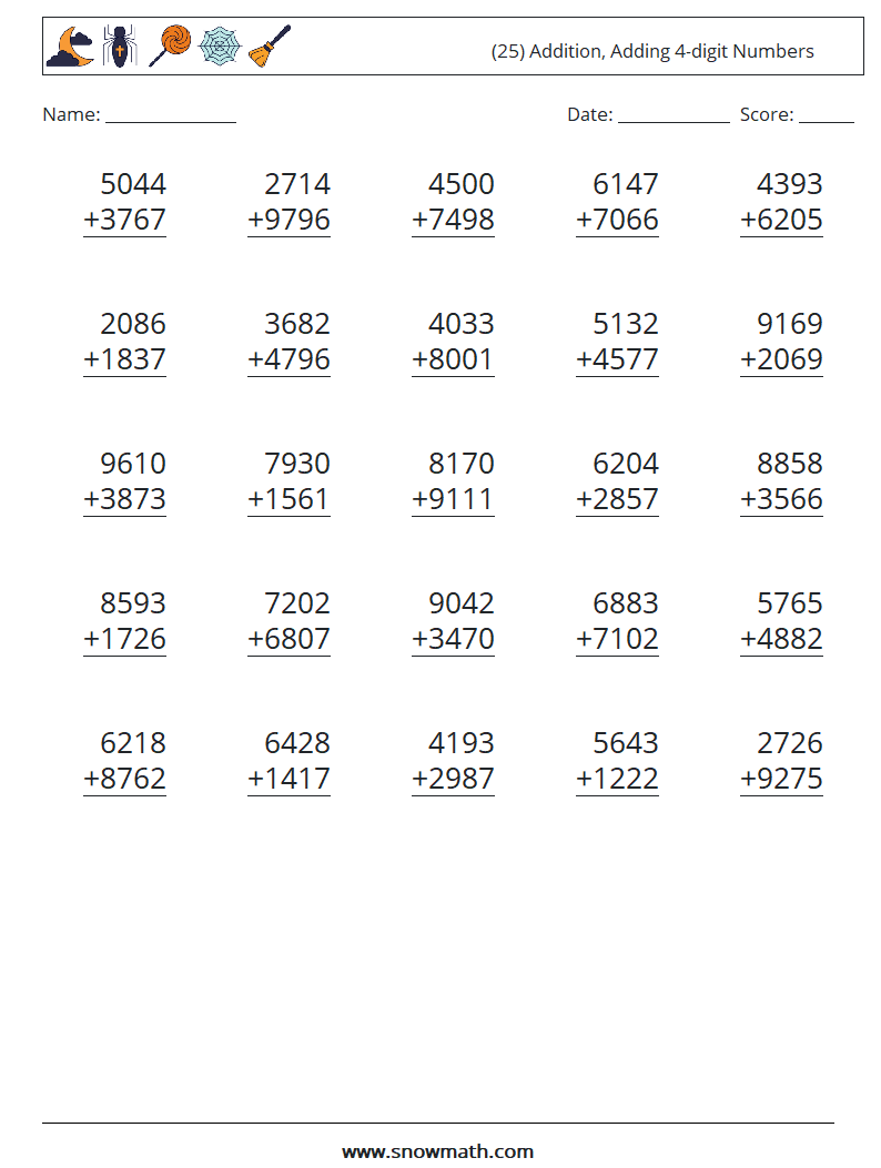 (25) Addition, Adding 4-digit Numbers Maths Worksheets 4