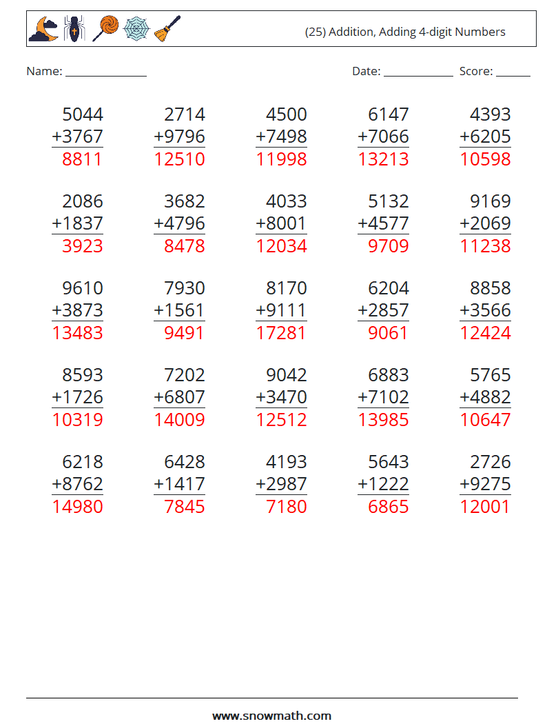 (25) Addition, Adding 4-digit Numbers Maths Worksheets 4 Question, Answer